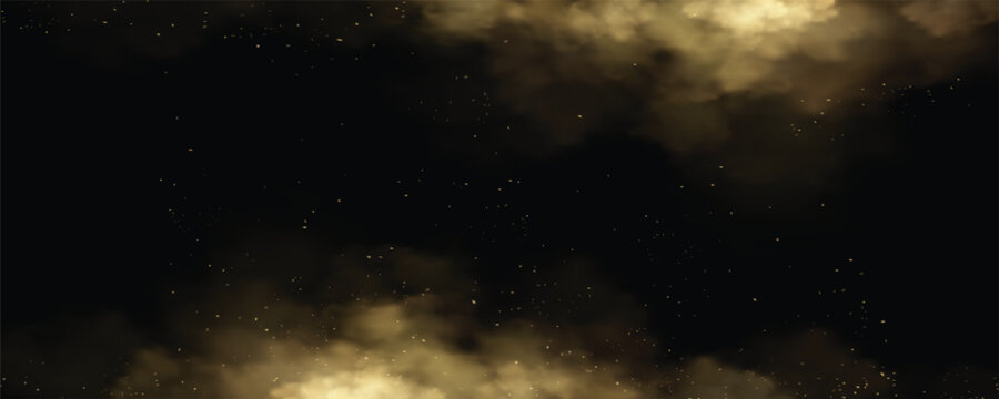 Abstract dark background with dramatic golden smoke, clouds, and glowing dust particles. Elegant mystical night sky or cinematic fire ashes overlay banner vector illustration