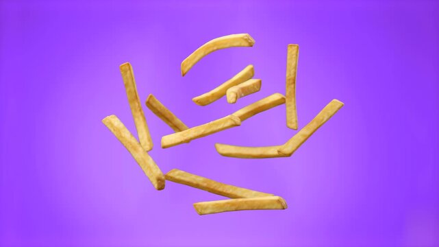 Golden crispy french fries floating and rotating in mid-air against a vibrant purple background. This dynamic food animation is perfect for fast food commercials and menu promotions.