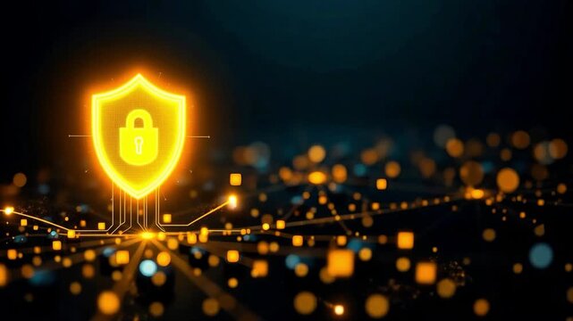 A high-quality, abstract motion graphic featuring a vibrant, glowing golden shield icon at the center, symbolizing cyber security and data protection