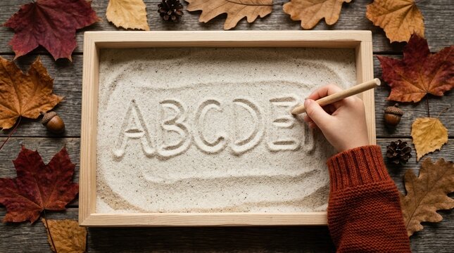 Child Learning Alphabet Writing in Sand Tray Montessori Sensory Activity for Preschool Education in Autumn Season