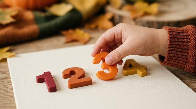 Toddler learning numbers with colorful plastic digits on autumn background for early childhood education and preschool development