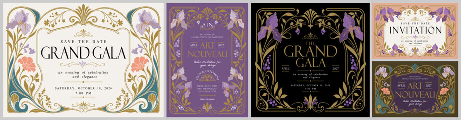 Fototapeta na wymiar Art Nouveau Gala vector set with ornate floral frame, vintage typography, flowers, ornament, plant and decorative design elements for wedding invitation, poster, card, border or classic branding 
