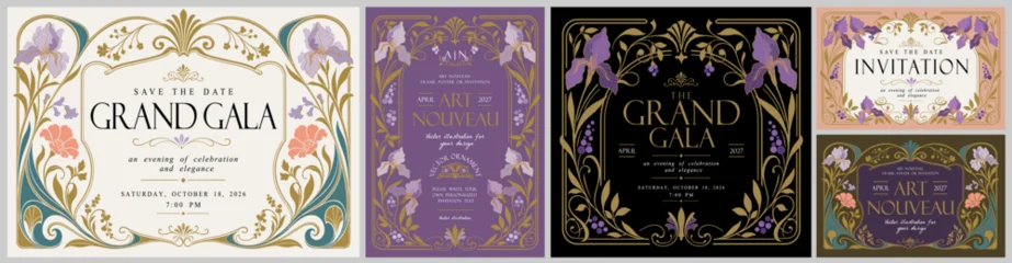 Fototapeten Restaurant Art Nouveau Gala vector set with ornate floral frame, vintage typography, flowers, ornament, plant and decorative design elements for wedding invitation, poster, card, border or classic branding    © Ardea-studio