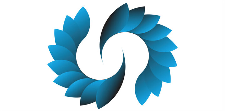 Abstract white background with blue gradient spiral flower petals. Geometric swirl circular shape creating a dynamic tech vortex ornament vector illustration.