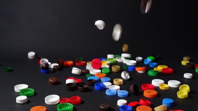 Plastic Bottle Caps Recycling Colorful Waste Slow Motion Falling Environmental Pollution Concept