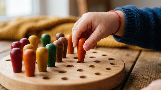 Child playing wooden peg solitaire board game for cognitive development and fine motor skills training at home