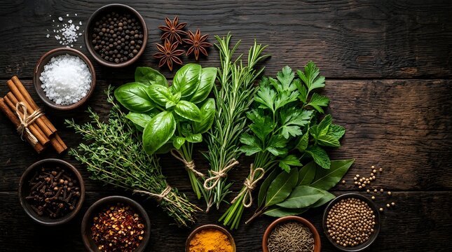 Assortment of fresh herbs and dried spices on rustic wood