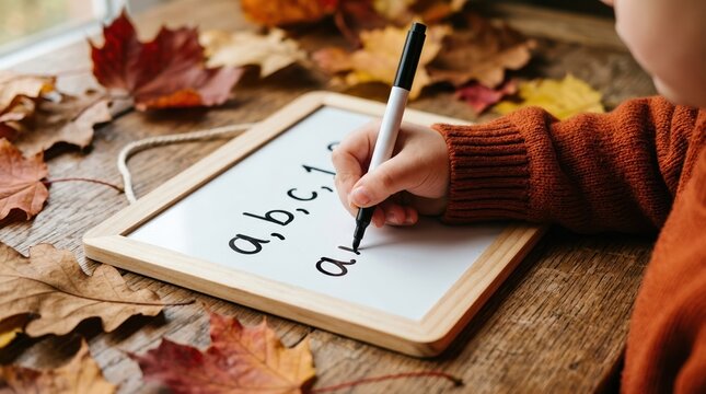 Young child learning to write letters and numbers on a whiteboard during autumn season for early childhood education
