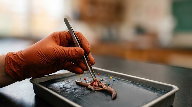 Biology Student Dissecting Specimen in Science Lab Class for Anatomy Education and Scientific Research Study