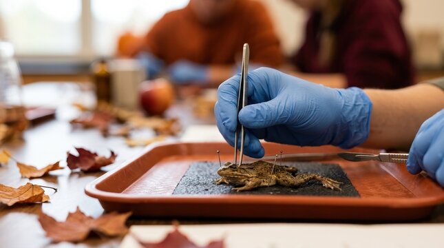 Student Performing Frog Dissection in Biology Class for Science Education and Anatomy Study