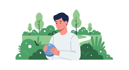 A young man stands in a lush green park holding a blue ball, surrounded by stylized trees and bushes in a serene outdoor setting. © Andy