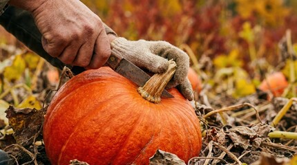 Farmer Harvesting Ripe Orange Pumpkin in Autumn Field Using Knife for Thanksgiving Preparation