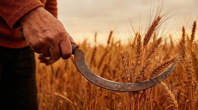 Senior farmer hand harvesting golden wheat crop with traditional metal sickle in rural field at sunset