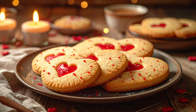 Heart shaped jam cookies on plate with warm candlelight