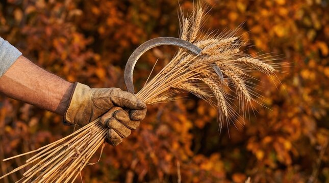 Farmer hand holding sickle and wheat bundle for autumn harvest, traditional agriculture concept for rural farming lifestyle