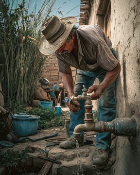 Senior rural worker in traditional straw hat and striped shirt repairing an old metal water tap and pipe against a rustic mud wall in a village setting