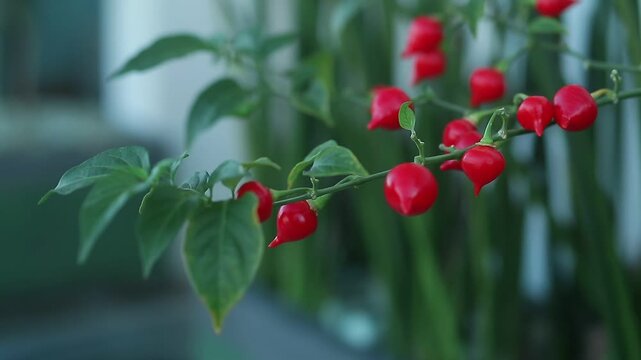 Close up of fresh red chili peppers hanging on a plant with green leaves