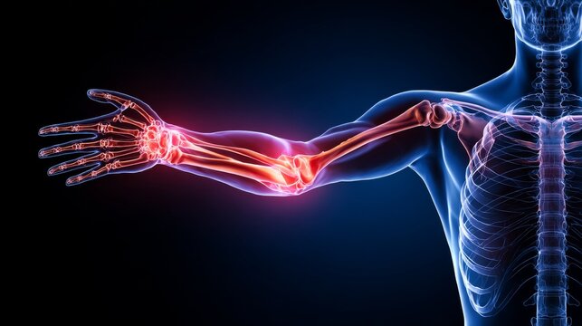 Human anatomy arm fracture, skeletal medical illustration showing forearm bones, radius ulna injury with red highlighted broken area  transparent blue body structure for healthcare diagnosis concept.