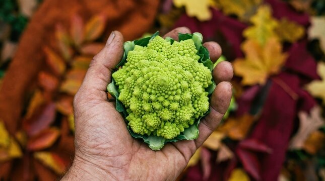 Hand Holding Fresh Romanesco Broccoli Vegetable with Fractal Pattern for Healthy Organic Food and Nutrition Concepts