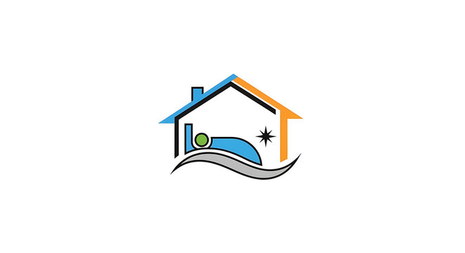 Abstract real estate and hotel logo icon showing a house with a person sleeping comfortably on a bed vector illustration