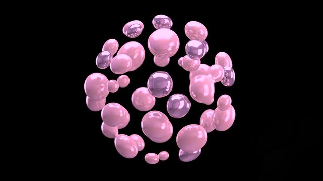 Glossy 3D pink liquid drops and organic metaballs floating weightlessly in a spherical arrangement against a dark black backdrop. Perfect for beauty brand videos, abstract motion graphics, cosmetics c
