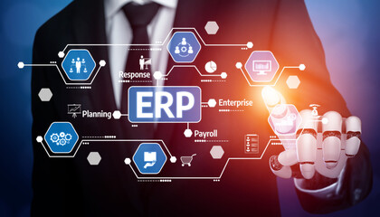 Obraz premium A businessman engages with a digital interface displaying various icons related to enterprise resource planning and management solutions, symbolizing modern technology. Tessel
