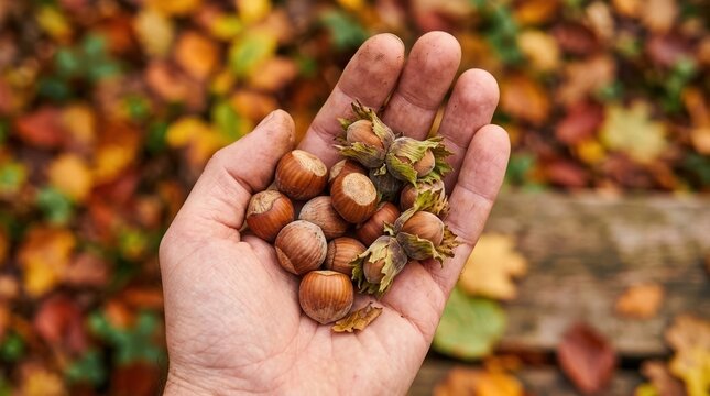 Handful of Freshly Harvested Hazelnuts in Autumn Forest Setting for Organic Food and Seasonal Foraging Concepts