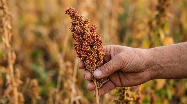 Farmer Hand Holding Mature Sorghum Grain Stalk in Agricultural Field for Sustainable Crop Harvest Concept