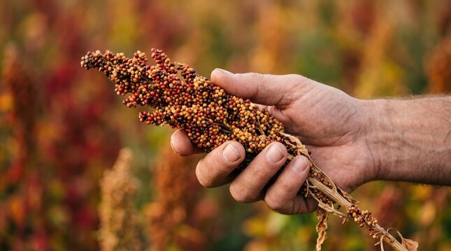 Farmer holding ripe sorghum grain stalk in field for harvest assessment and agricultural crop quality inspection
