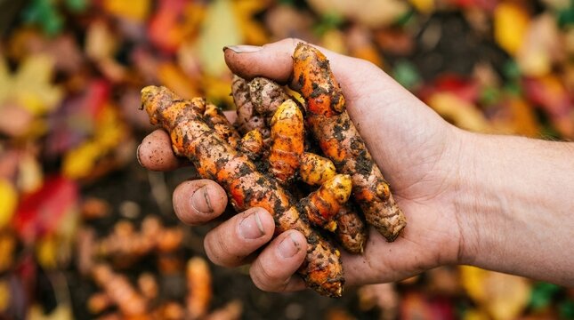 Freshly Harvested Organic Turmeric Roots Held in Hand for Healthy Cooking and Natural Medicine Concepts