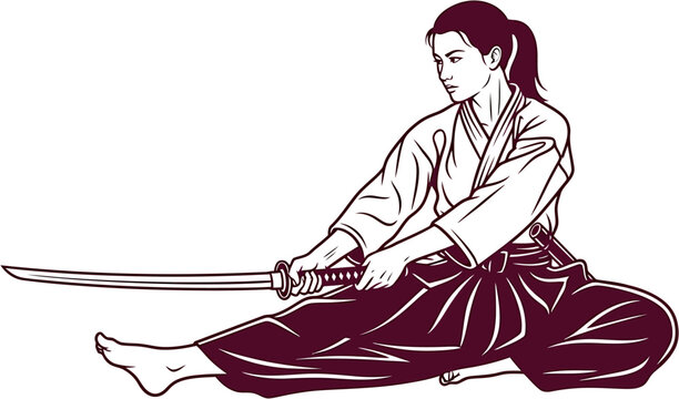 Japanese martial arts woman training with katana sword wearing hakama and gi drawing line art vector illustration