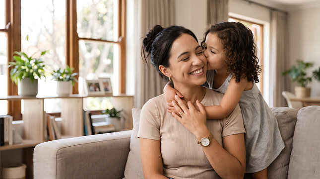 Loving Mother and Young Daughter Sharing Happy Moment at Home with Warm Family Bond, Affection and Everyday Lifestyle