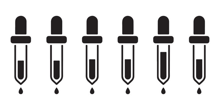 Set of six black vector dropper icons showing different fill levels and a single dripping drop.