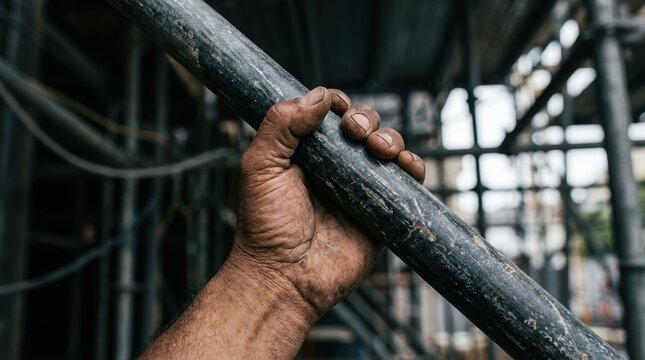 Close up of a weathered male construction worker hand gripping a metal scaffolding pole at a building site