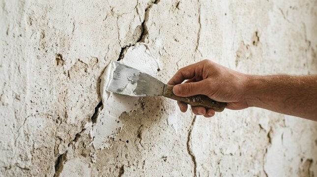 Handyman repairing deep wall crack with putty knife and plaster filler for home renovation and interior maintenance