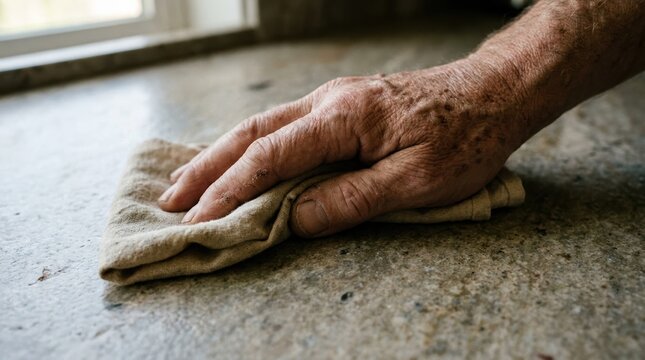 Elderly man cleaning kitchen countertop with cloth, senior person doing household chores and home maintenance concept