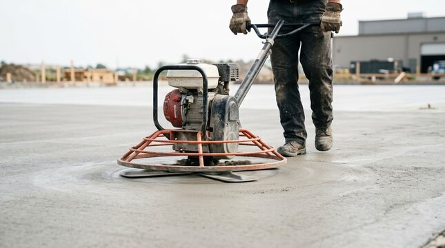 Construction worker using a power trowel to smooth wet concrete slab on a commercial building site