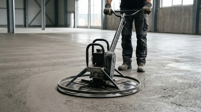 Construction worker using a power trowel to smooth wet concrete floor in a large industrial building interior