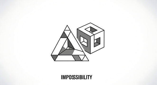 Minimalist optical illusion graphic featuring impossible geometric triangle and cube shapes