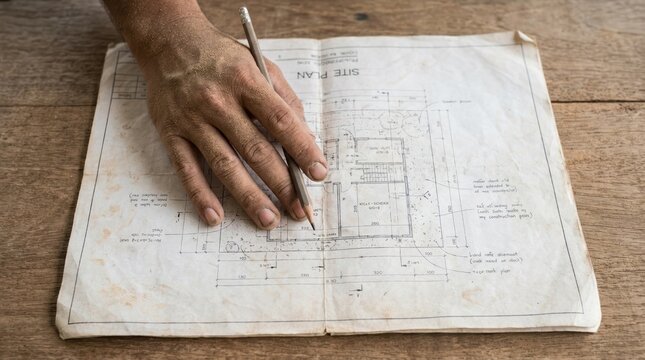 Architect hand drawing site plan on blueprint for residential construction project on wooden table