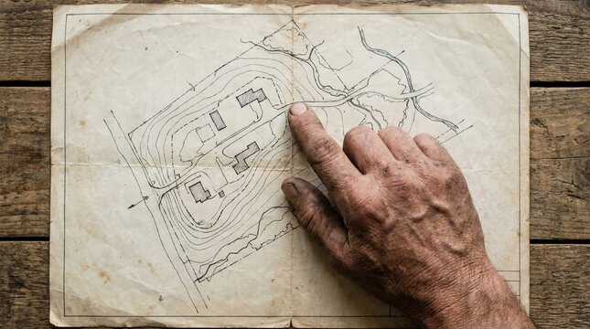 Senior male architect hand pointing at hand drawn site plan on aged paper for construction planning and development