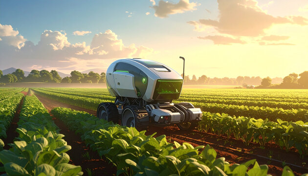 Autonomous Agricultural Robot Working in Green Crop Field at Sunset
