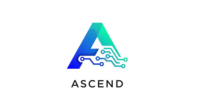 Modern stylized letter A logo incorporating circuit board design elements and a vibrant gradient, symbolizing technological advancement and upward progress toward future success