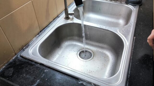 A kitchen sink clogged with food scraps and dishwashing. Poorly maintained kitchen sink hygiene can lead to clogged sinks.