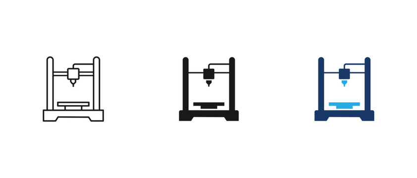 3D printer icon, three dimensional digital manufacturing prototype machine set. vector illustration