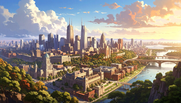 Anime Cityscape Skyline with Historic Architecture and Sunset River