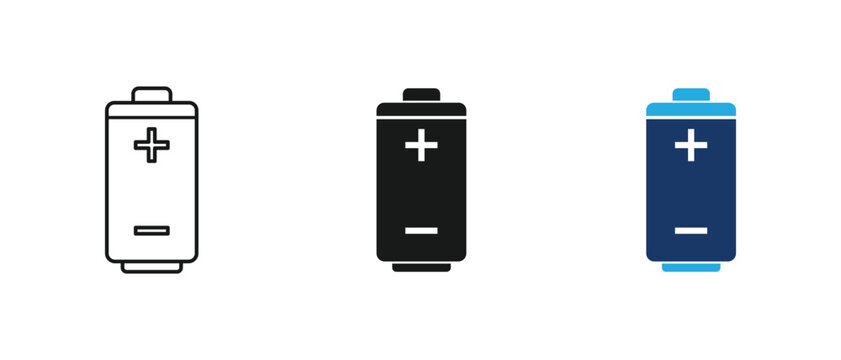 Battery icon, alkaline cell electricity energy positive negative accumulator power set. vector illustration