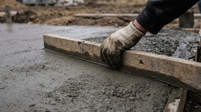 Construction worker leveling wet concrete slab with wooden screed board for residential foundation pouring project