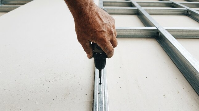 Close up of a male construction worker using a power drill to install drywall panels on a metal stud wall frame