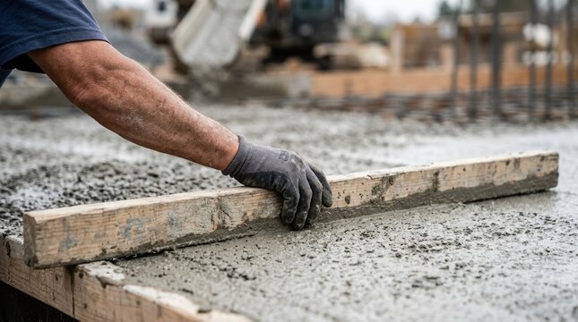 Construction worker leveling wet concrete slab with wooden screed board on a residential building site foundation